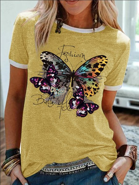 

Women's Fashion Funny Graphic Printing Crew Neck Butterfly Cotton-Blend Casual T-Shirt, Yellow, T-shirts