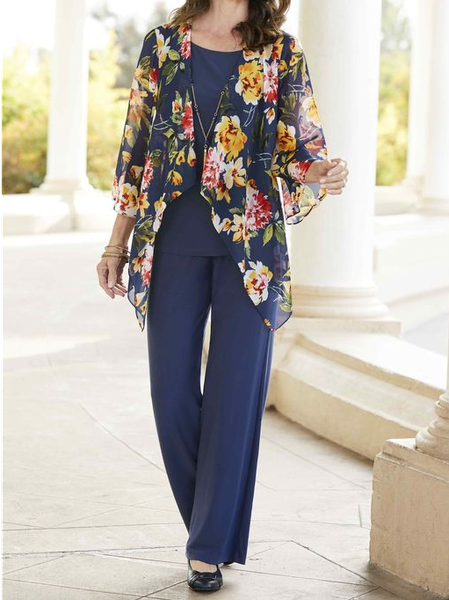 

Loose Casual Floral Crew Neck Multiple Pieces Set, Dark blue, Tops