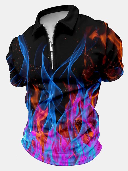 

Men's Business Colorful Flame Printing Random Print Polo Collar Regular Fit Casual Polo Shirt, As picture, T-shirts