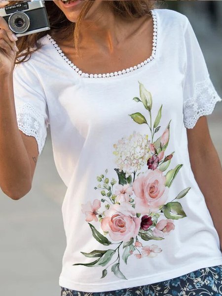 

Loose Square Neck Floral Boho Top, White, Tees & T-shirts