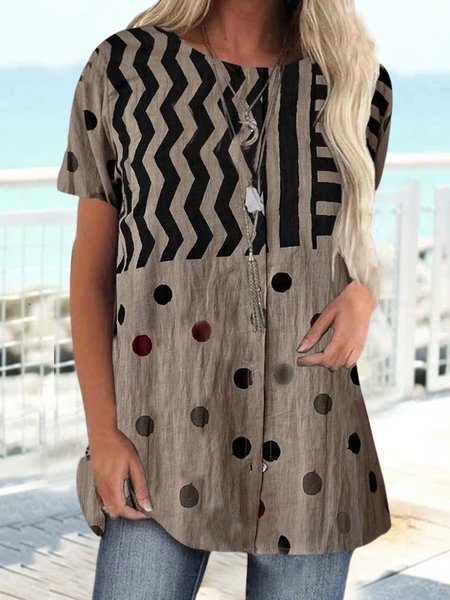

Casual Loose Geometric Crew Neck Top, Khaki, Shirts & Blouses