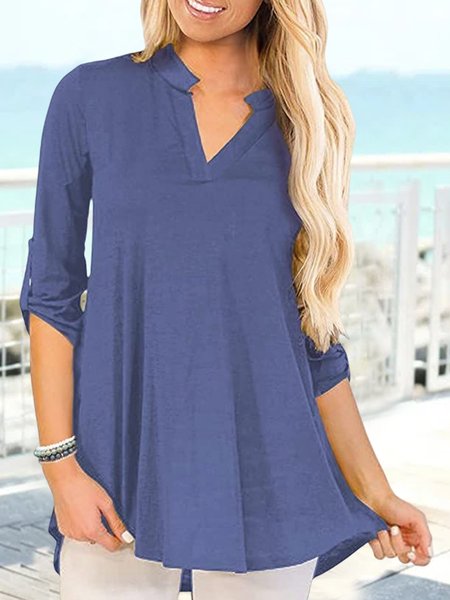 

V Neck Casual Linen Top, Blue, Shirts & Blouses