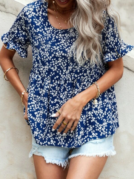 

Vacation Floral Loose Crew Neck Top, Blue, Shirts & Blouses