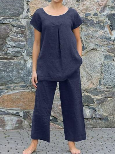 

Crew Neck Casual Plain Two-Piece Set, Blue purple, Suits