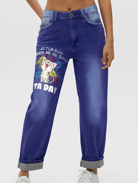 

Women's Funny Cat After God Made Me He Said Ta Da Graphic Casual Printed Jeans, Blue, Jeans