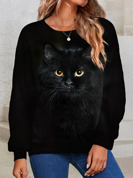 

Crew Neck Loose Cat Casual Top, Black, Sweatshirts & Hoodies
