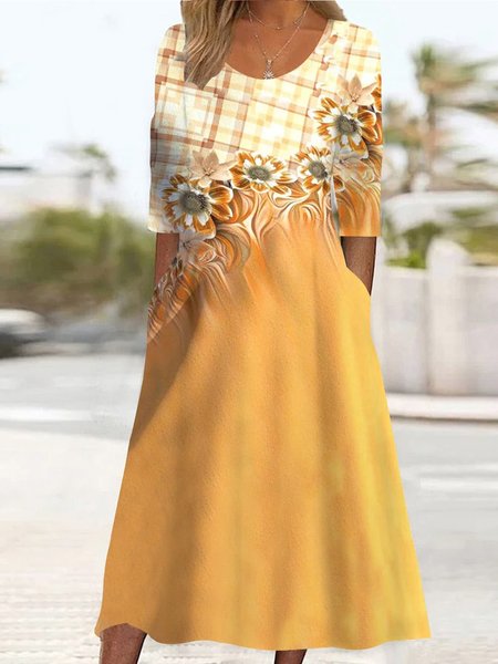 

Crew Neck Floral Loose Boho Dress, Yellow, Dresses