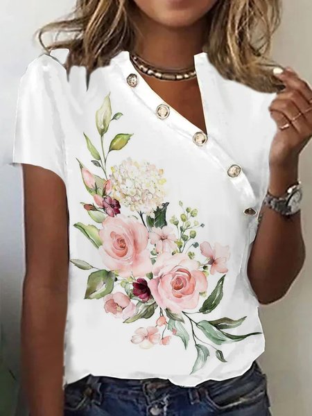 

Asymmetrical Vacation Floral Loose Shirt, White, Tees & T-shirts