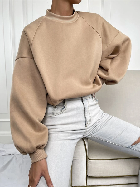

Solid Stand Collar Drop Shoulder Sweatshirt, Khaki, Hoodies and Sweatshirts