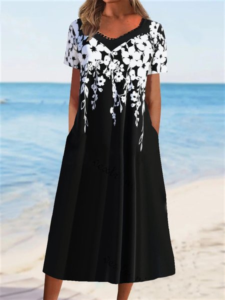 

Elegant Floral Lace Loose Dress, Black, Dresses