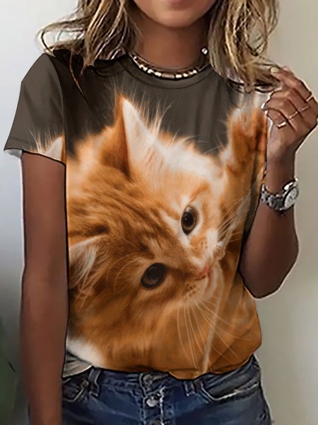 

Women’s Cute Cat Pattern Loose Casual T-Shirt, As picture, T-shirts