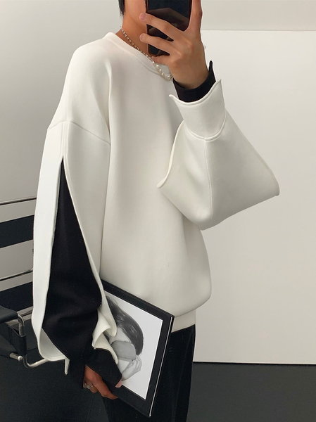 

Knitted Regular Fit Simple Color Block Sweatshirt, Black-white, Hoodies and Sweatshirts