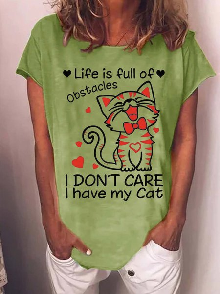

Women's Life Is Full Of Obatacles I Don‘T Care I Have My Cat Funny Graphic Printing Cat Crew Neck Casual Cotton T-Shirt, Green, T-Shirts