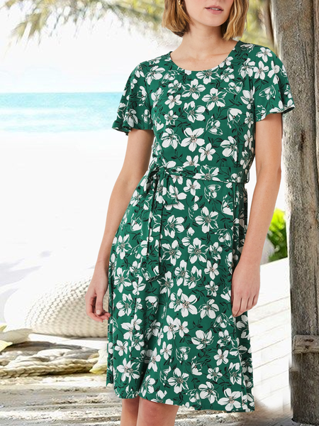 

Crew Neck Loose Floral Vacation Dress, Green, Dresses