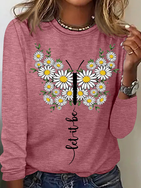 

Women's Let It Be butterfly print Casual Crew Neck Top, Rose red, Long sleeves
