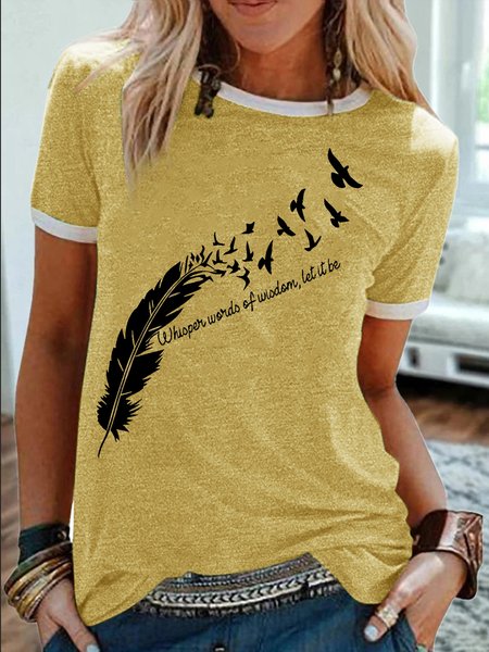

Women's Whopper Word Of Wodorn Let It Be Funny Feather Graphic Printing Regular Fit Casual Text Letters Cotton-Blend T-Shirt, Yellow, T-shirts