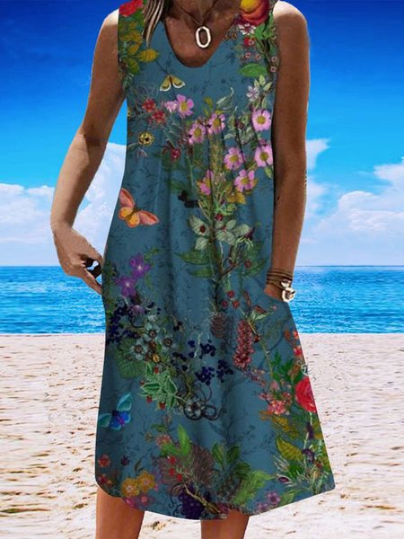 

V Neck Casual Floral Dress, Multicolor, Dresses