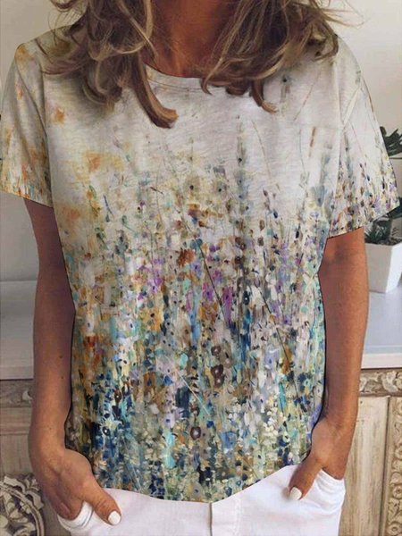 

Women's Art Printing Crew Neck Loose Floral Casual T-Shirt, As picture, T-shirts