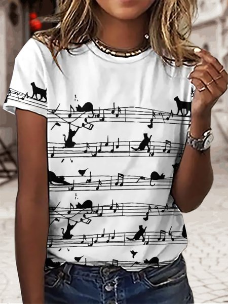 

Women‘s Funny Cat Crew Neck Loose Simple T-Shirt, White, T-shirts