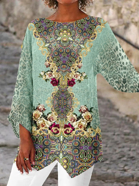 

Casual Loose Leopard V Neck Top, Green, Blouses