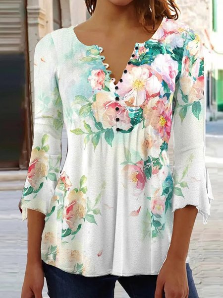 

Floral Regular Fit V Neck Casual Top, Multicolor, Shirts & Blouses