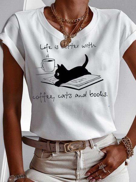 

Jersey Text Letters Butterfly Crew Neck Casual T-Shirt, White, Tees & T-shirts