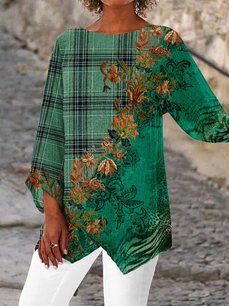 

Casual Crew Neck Floral Regular Fit Top, Green, Shirts & Blouses