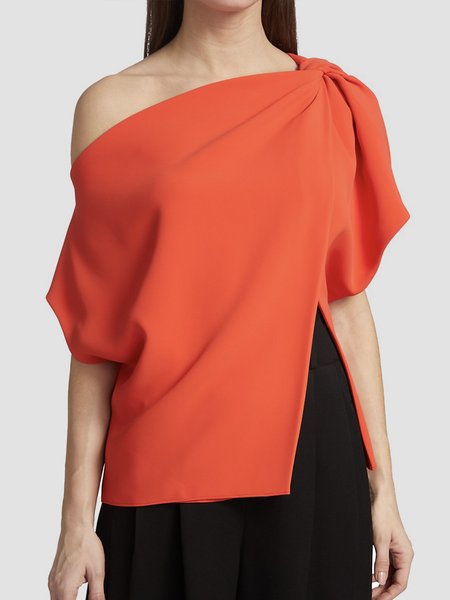 

Short sleeve Elegant Regular Fit One Shoulder Top, Orange, Blouses and Shirts