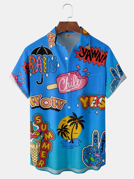 

Funky Summer Chest Pocket Short Sleeve Hawaiian Shirt, Blue, Men Shirts