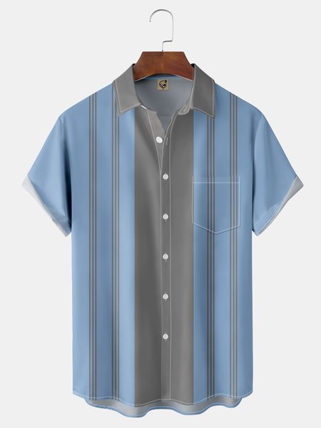 

Stripe Chest Pocket Short Sleeve Bowling Shirt, Blue, Men Shirts