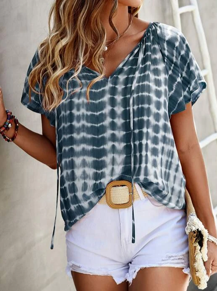 

V Neck Loose Vacation Tie-Dye Pattern Top, Blue, Shirts & Blouses