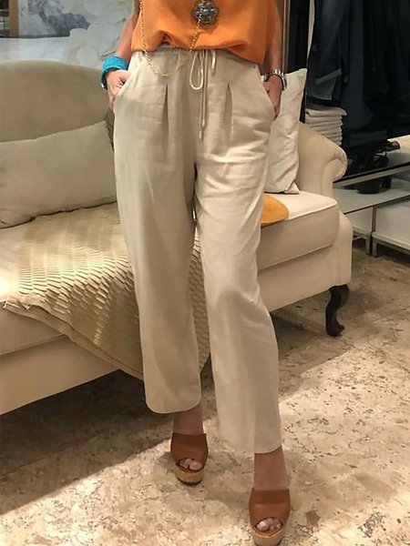 

Plain Casual Cotton Drawstring Pants, Khaki, Pants