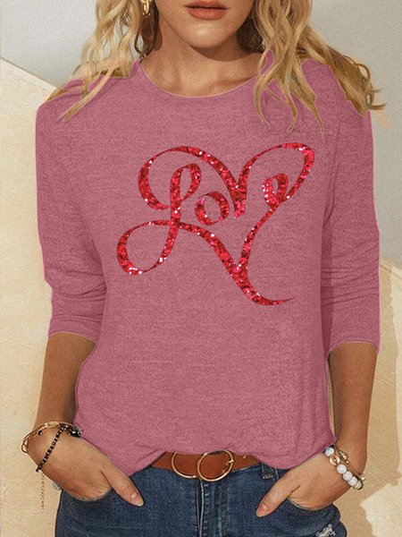 

Women's Love Valentine's Day Funny Graphic Printing Cotton-Blend Crew Neck Casual Regular Fit Top, Red, Long sleeves