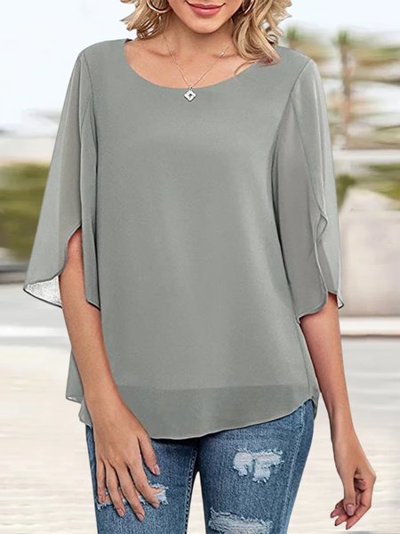 

Chiffon Crew Neck Urban Loose Top, Gray, Shirts & Blouses