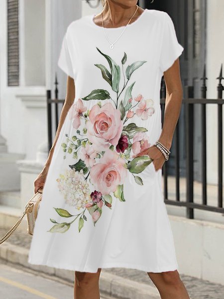 

Loose Floral Crew Neck Casual Dress, White, Mini Dresses
