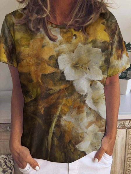 

Women’s Plant Pattern Floral Casual Crew Neck Cotton-Blend Loose T-Shirt, As picture, T-shirts