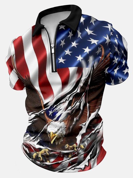 

Men’s Eagle Patriotic Flag Pattern Polo Collar Casual Polo Shirt, As picture, T-shirts