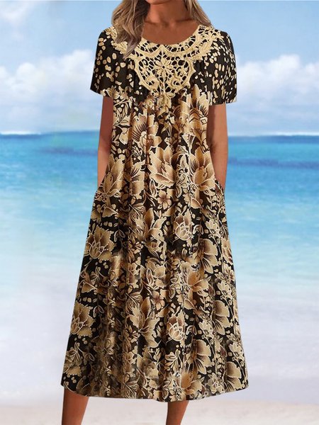 

Loose Casual Floral Crew Neck Dress, Khaki, Dresses