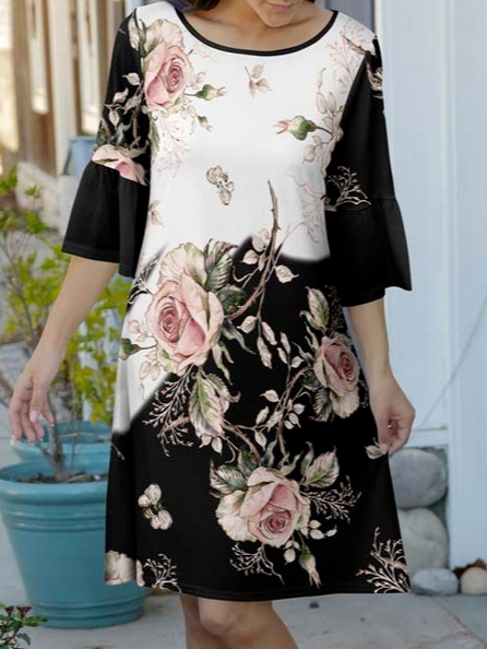 

Floral Casual Loose Crew Neck Dress, Black, Dresses