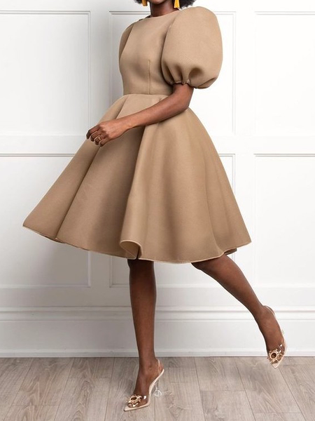 

Regular Fit Elegant Crew Neck Short sleeve Midi Dress, Apricot, Midi Dresses