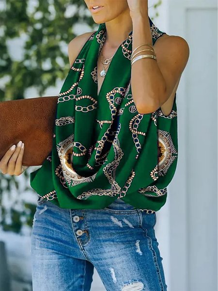 

Regular Fit Abstract Urban Sleeveless Blouse, Green, Blouses and Shirts