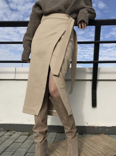 

Elegant Regular Fit Plain Skirt, Khaki, Skirts