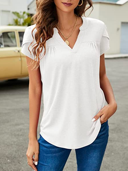 

V Neck Plain Casual Loose Top, White, Shirts & Blouses