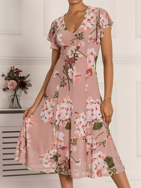 

Ruffled Sleeves Elegant V Neck Floral Regular Fit Dress, Pink, Dresses