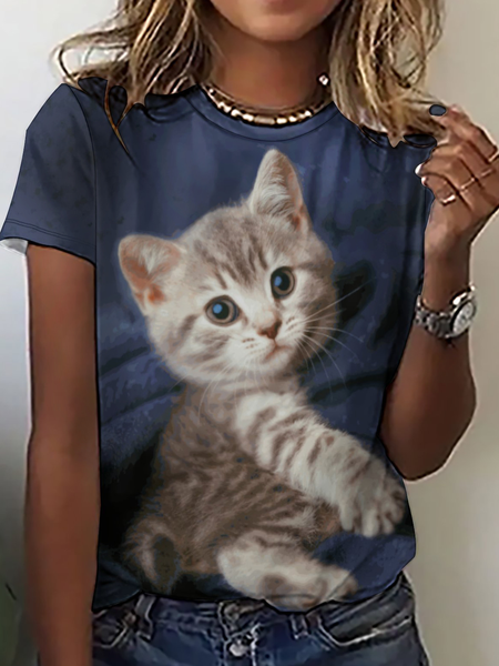 

Women's Funny Cat Loose Simple Color Block Crew Neck T-Shirt, Blue, T-shirts
