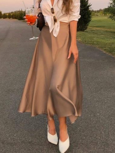 

Satin Elegant Regular Fit Plain Skirt, Khaki, Skirts