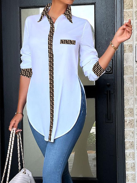 

Regular Fit Geometric Shirt Collar Long sleeve Urban Blouse, White, Blouses and Shirts
