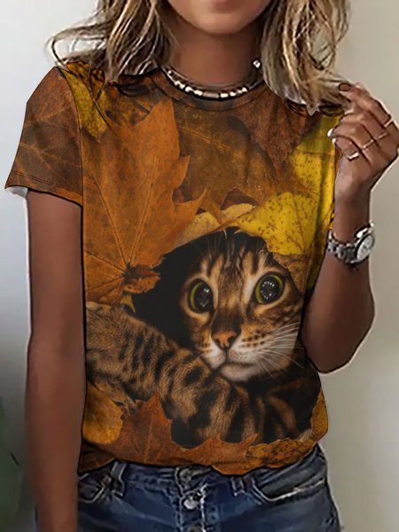 

Women’s Cat Falling Leaves Pattern Casual Animal Loose T-Shirt, As picture, T-shirts