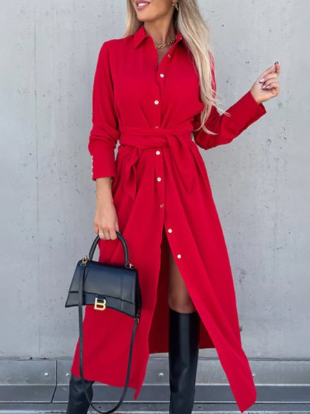 

Daily Regular Fit Shirt Collar Long sleeve Elegant Dress, Red, Midi Dresses