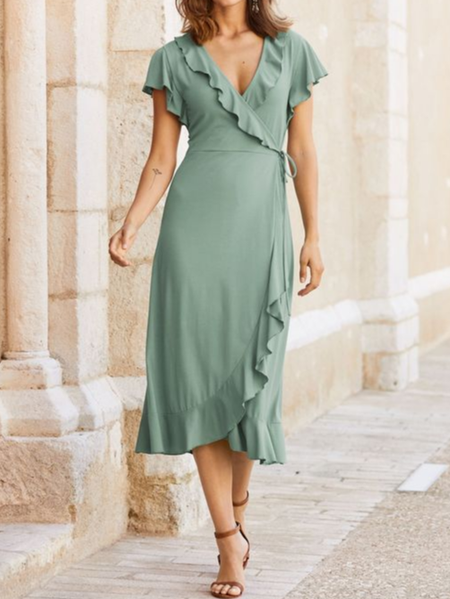 

Casual Regular Fit Plain Falbala V Neck Dress, Lightgreen, Dresses
